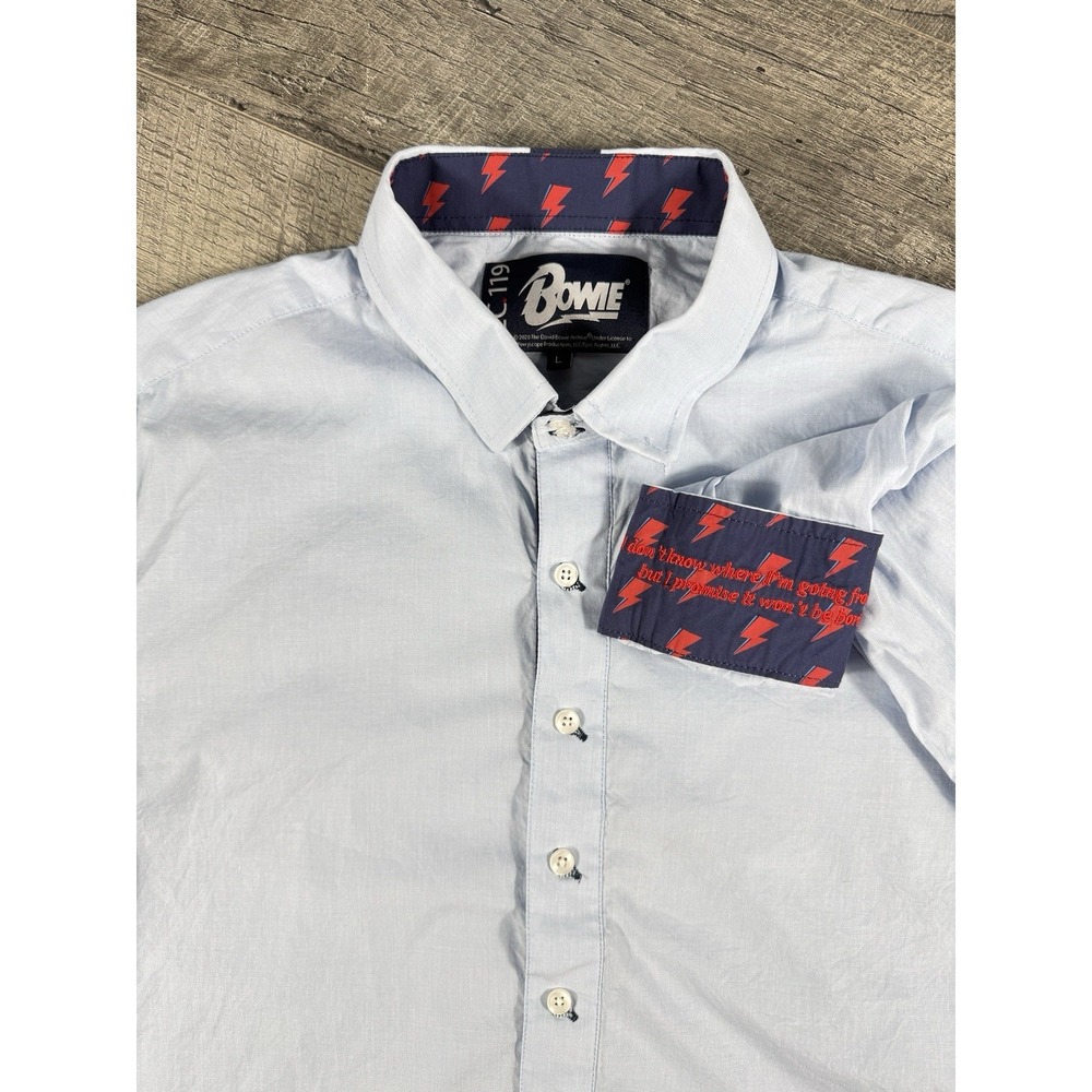 SEC 119 David Bowie Aladdin Sane Button Shirt Large Blue Long Sleeve Retro